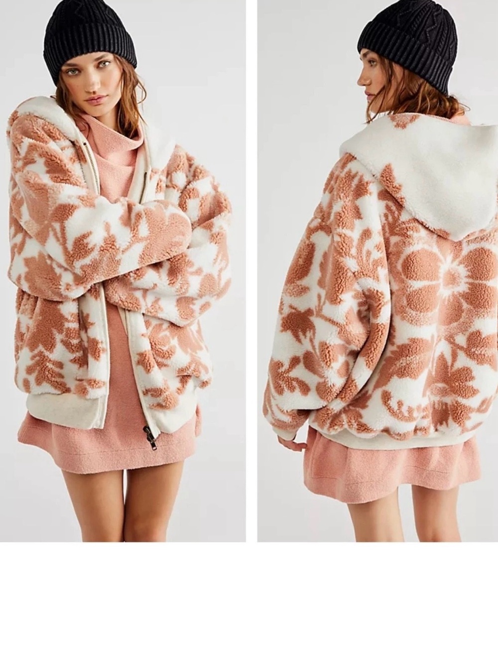 We The Free Rose and White Floral Teddy Hoodie Jacket